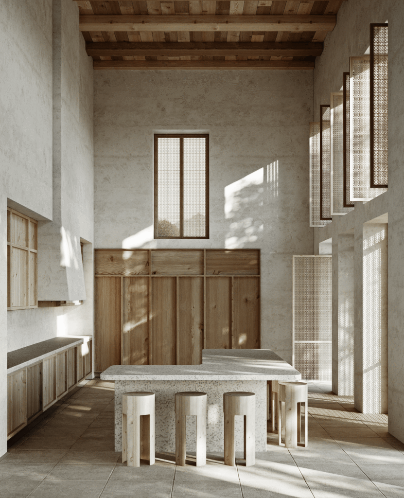 Elegant minimalist kitchen interior with wood accents and high ceilings. Perfect for modern design inspiration.